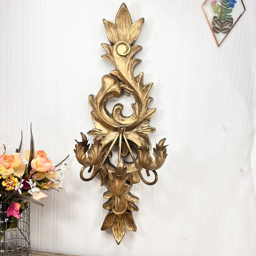 Vintage Gold Italian Wall Sconce: 3‎ Arm Acanthus Leaf Candle Holder